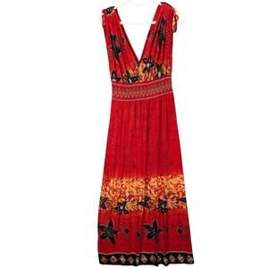 Jessica Taylor NYC Maxi Dress Womens Large Red Floral Sleeveless V Neck Boho